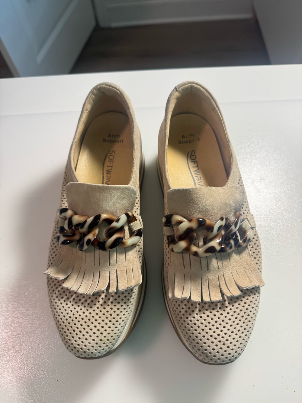SoftWalk Women's Taupe Suede Fringe Loafers with Tortoiseshell Chain